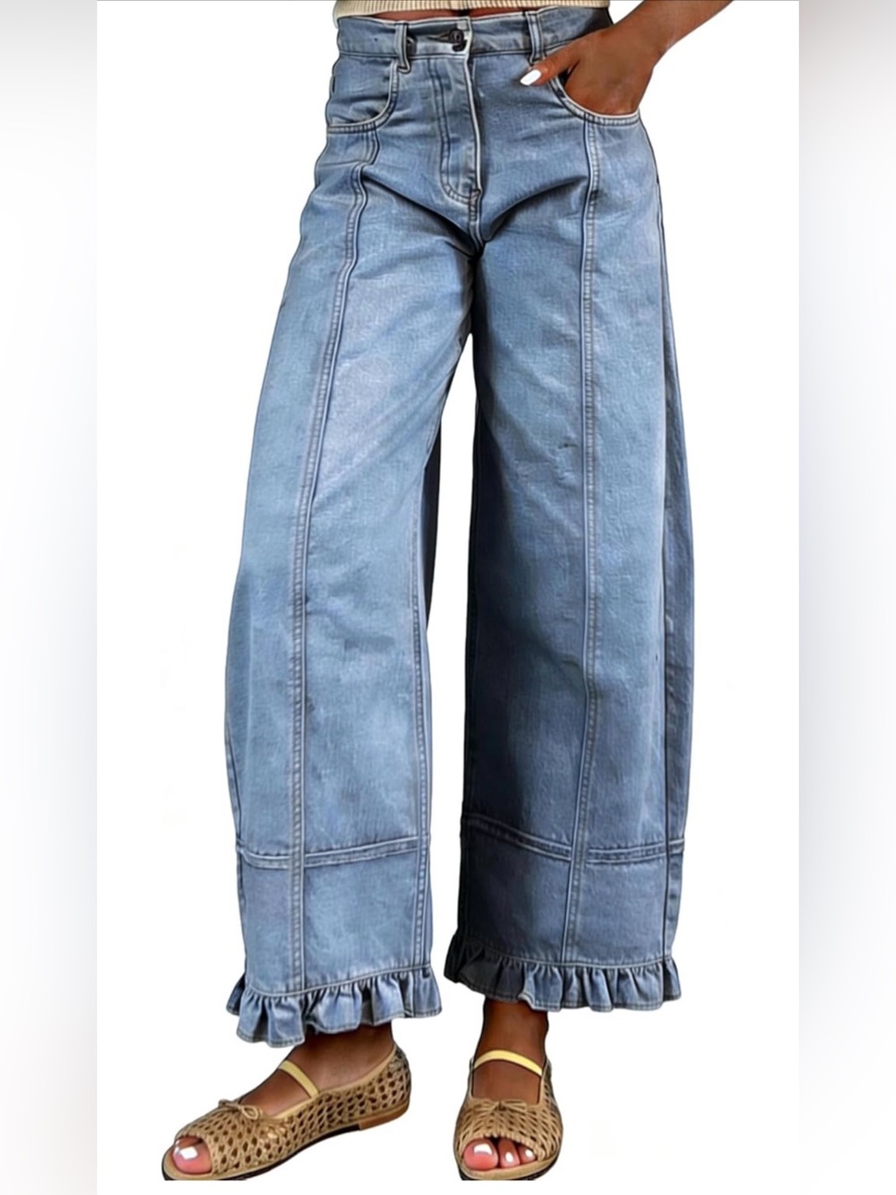 NWT & NIB-Barrel patchwork Ruffle Hem Denim